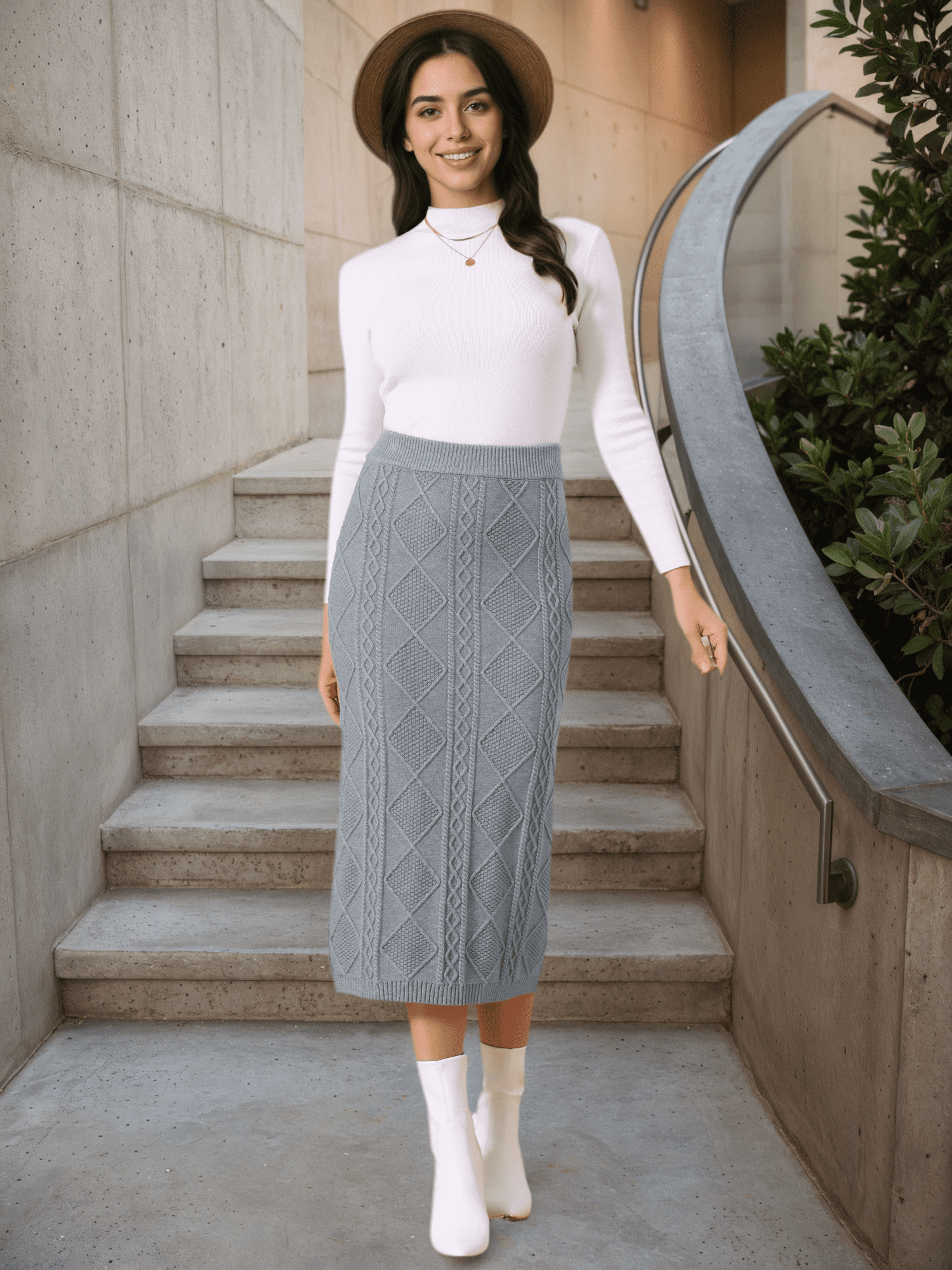 DARING DIVA Women's Ribbed Knit Elastic High Waist Sweater Midi Skirt M Grey