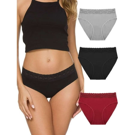 LAVA 3 Pairs Womens Underwear Cotton Panties Lace Trim Soft Hipster Panty Stretch Seamless Full Briefs XL