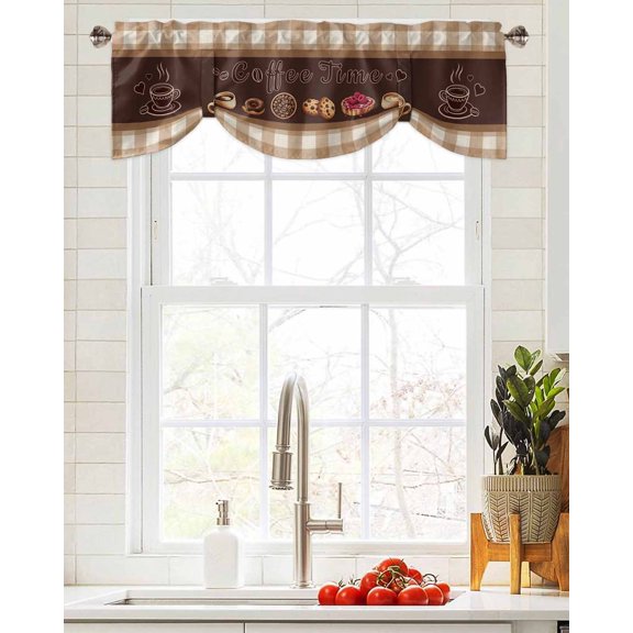 Tie Up Valance Curtain for Kitchen,Rustic Coffee Brown Style Rod Pocket Short Curtains Adjustable Tie-Up Shade Valances,Retro Khaki Buffalo Plaid Window Treatment for Bathroom Living Room Bedroom