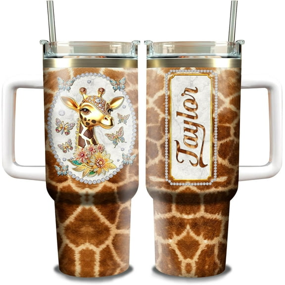 Personalized Giraffe Lover Tumbler 40oz with Handle and Straw Custom Name Stainless Steel Insulated Travel Coffee Cup With Lid Cute Animal Lover Gifts For Women Girl on Birthday Christmas