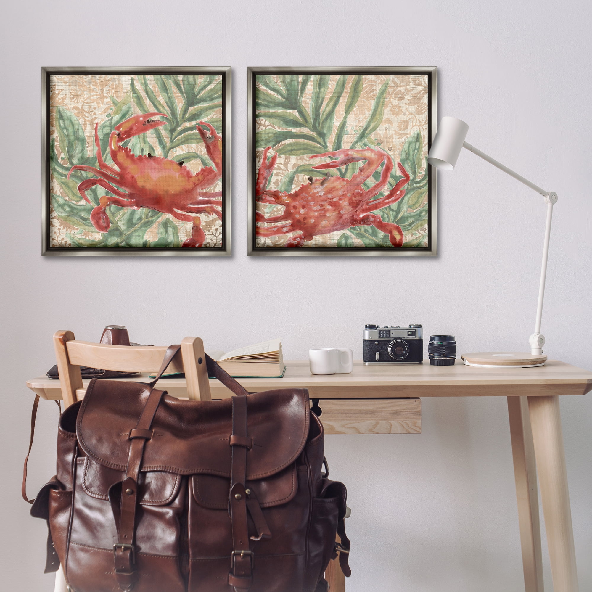 Stupell Industries Red Crab & Seaweed Animals Painting Gray Floater Framed Canvas Art Print Wall Art, 25 x 25, Set of 2