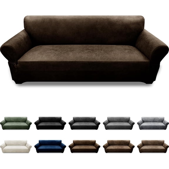 Couch Cover Leather Look 3 Seater Couch Sofa Cover 1-Piece Sofa Slipcover Stretch Furniture Protector with Elastic Bottom & Pockets(Sofa, Coffee)