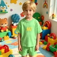 thumbnail image 2 of Rggeeun Child Boys Outfit Sets Solid Color Short Sleeve Crew Neck Smooth Breathable Top & Elastic Waist Wide Leg Shorts for Summer Play Sports Comfort Wear,Green,5-6 Years, 2 of 4
