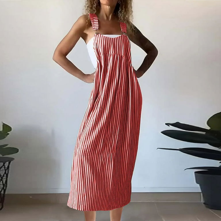 bib overall dress for ladies qolati Women Bib Overall Dress Jumpsuits Babydolls Midi Dress Stripe  Printed Sleeveless Straps Suspender Casual Dresses