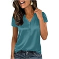 thumbnail image 2 of CYMMPU Women's Summer Solid Color Satin Button V Neck Top, Casual Short Sleeve Lightweight Elegant Blouse for Women Navy S, 2 of 6
