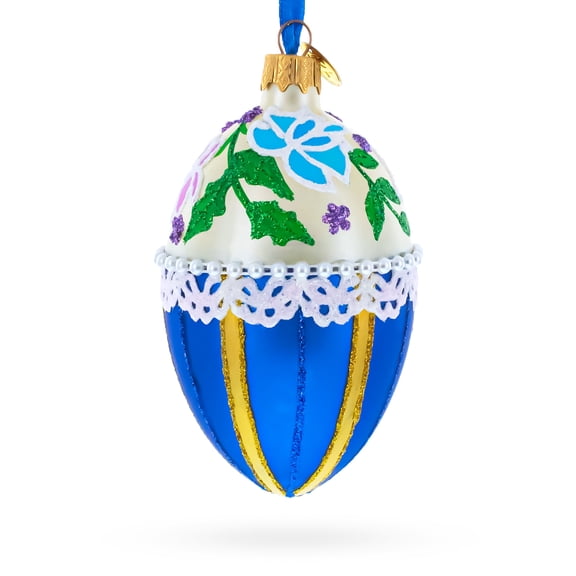 Flowers on Beige and Blue Glass Egg Christmas Ornament 4 Inches