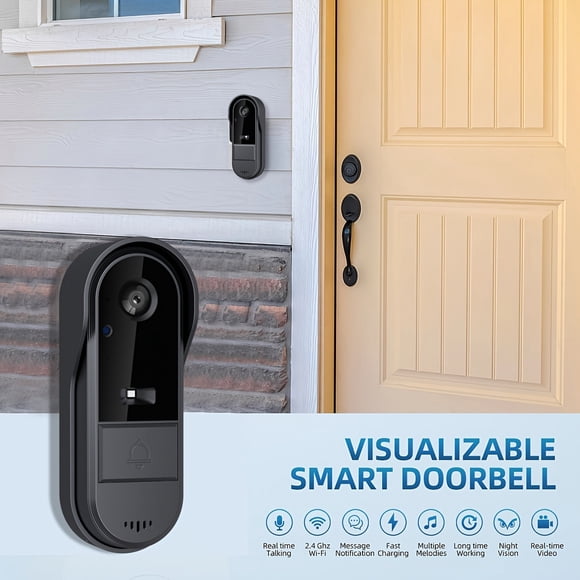 Caméra de Sonnette Sans Fil, Vidéo/ Sonnette, Vision Nocturne HD et Alertes de Mouvement, Notification Push/ Vue à Distance, Changement de Voix/ Audio Bidirectionnel, Wi-Fi 2,4 GHz/rechargeable/sonnette Visuelle