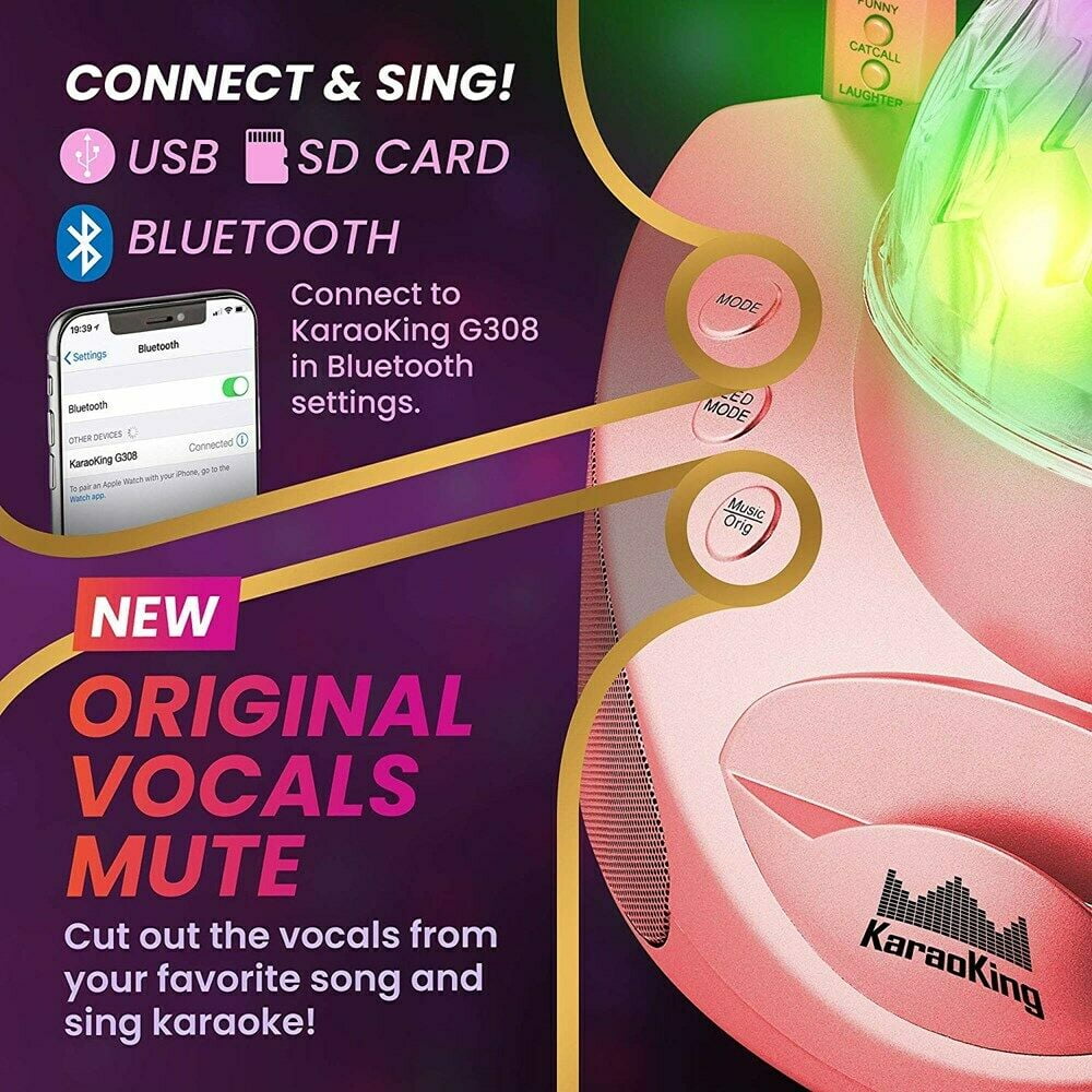 KaraoKing New 2020 Karaoke Machine with 2 Wireless Microphone, SD Card, USB, Bluetooth Compatible, Lights Function for Adults and Kids, G308 Pink
