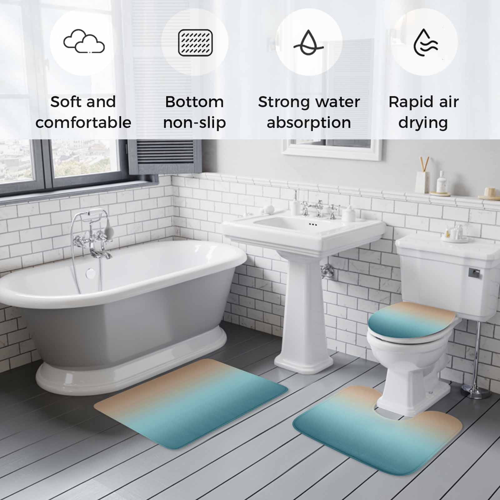 Navy Blue Brown Ombre Bath Mat 3 Piece Bathroom Rug Set, Teal Gradient Color Modern Abstract Art Non Slip Bath Rug Contour Mat and Toilet Lid Cover, Absorbent Shower Mats Soft Bath Rugs and Mats Sets