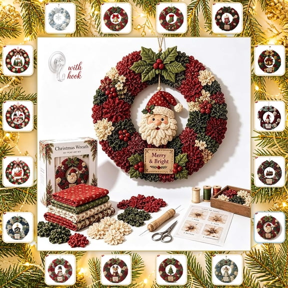 Christmas Wreath DIY Kit, 3D Fabric Poke Art Craft Set for Adults and Beginners, Handmade Holiday Door Wall Hanging Decoration for Home Fireplace and Window Decor, Santa Design