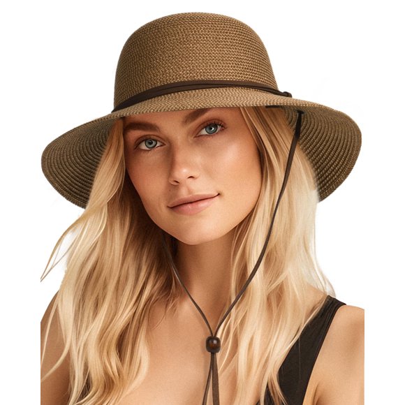 FURTALK Sombrero de sol de ala ancha para mujer con cordón de viento UPF Sombreros de paja de verano para mujer