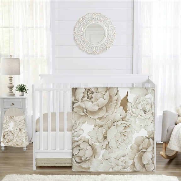 Sweet Jojo Designs Peony Floral Garden Taupe and Ivory Girl Crib Bedding Set 4 Piece
