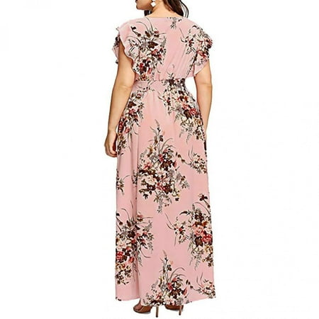 Jophufed Summer Womens Plus Size Dresses 2025 Boho Flower Print Maxi Long Dress Deep V-Neck Sleeveless Dresses for Women Party Elegant