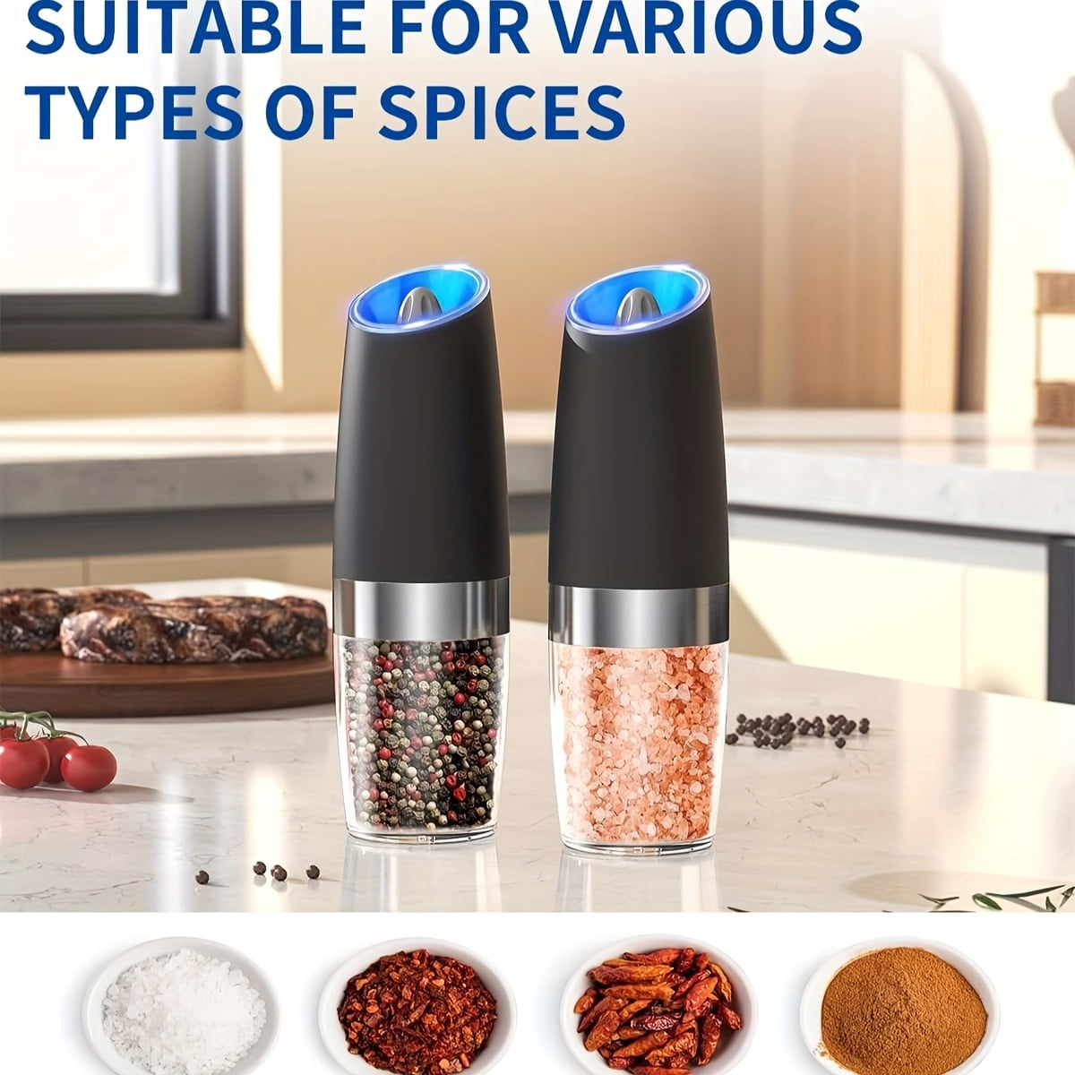 Electric Salt And Pepper Grinder Set, 3.72oz Larger Automatic Salt And Pepper Mill Grinder with 6 Adjustable Coarseness, Electric Salt And Pepper Shakers, LED, 1/2 Packs, Black