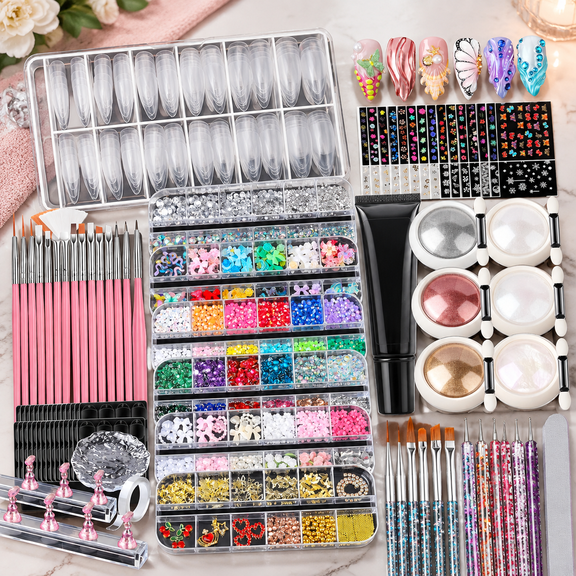 Nail Art Kit, 3D Gel Kit 15g 3D Sculpting Gel, Chrome Nail Powder, Design Tools with Nail Brushes, Nail Stand, Fake Nail Set Almond Nail Tips, Nail Charms and Gems Rhinestones Supplies Set