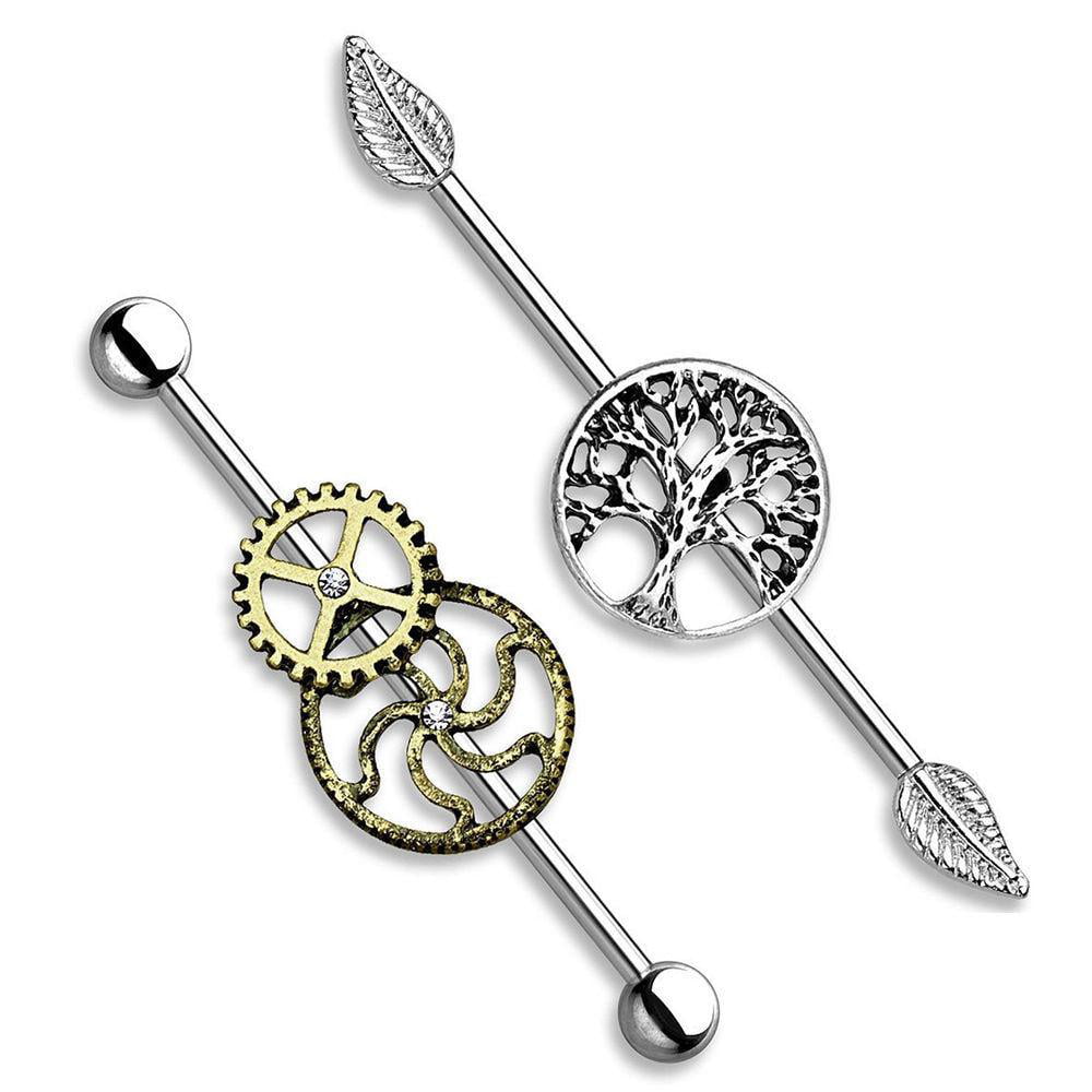 Tree of Life and Steampunk Style Bars Pair of Industrial Piercing Barbells 