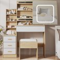 thumbnail image 1 of Gaderth Vanity Desk With Sliding LED Mirror And Power Outlet, Makeup Dressing Table With 4 Drawers, Storage Shelves And Stool, 3 Color Lighting Modes, Bedroom Vanity Set With USB Ports, 1 of 8