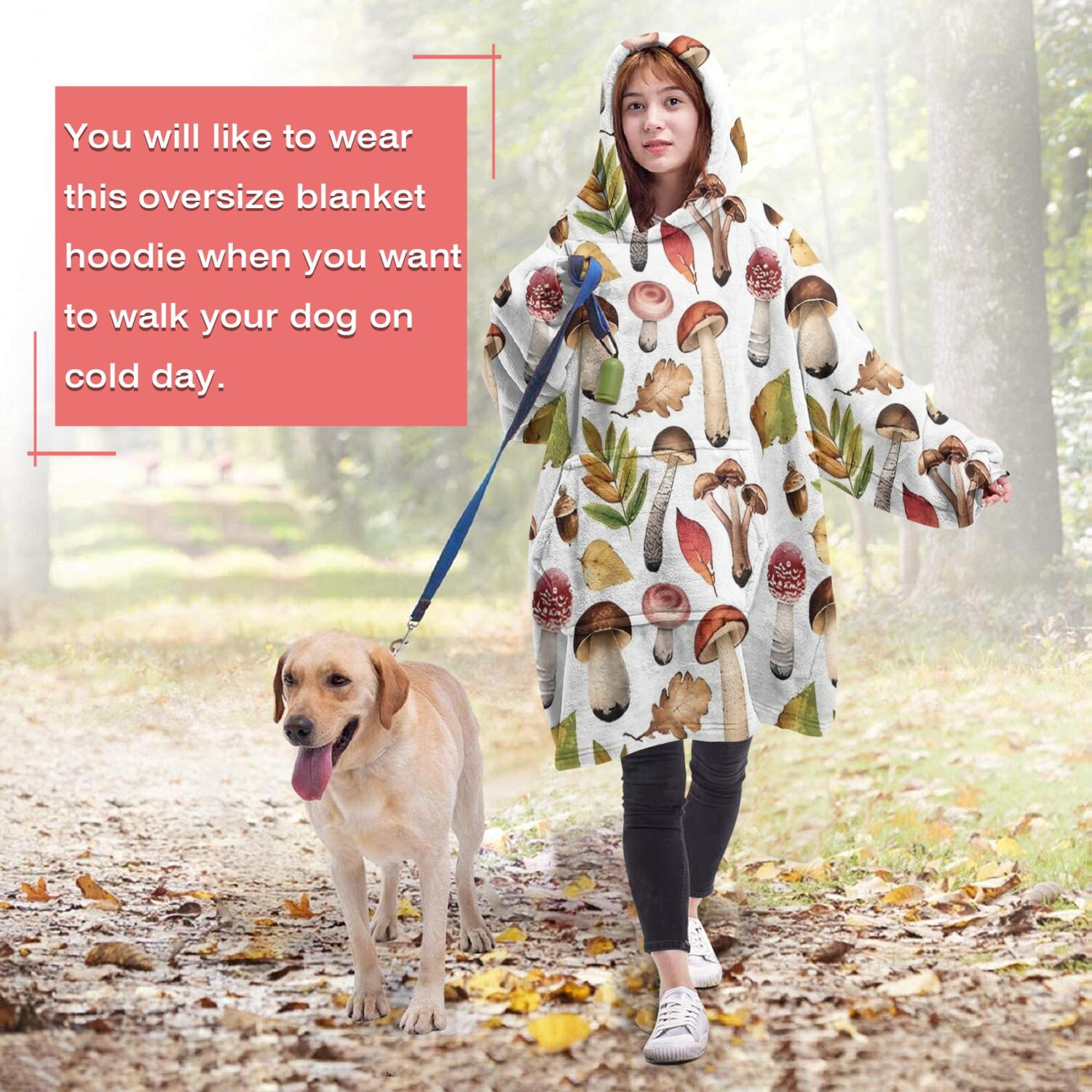 Brown Mushroom Leaf White Pattern Wearable Oversized Blanket,Wearable Blanket Hoodie for Adults,Cozy Hooded Blankets with Super Pockets,Super Warm Fuzzy Pullover for Women & Men