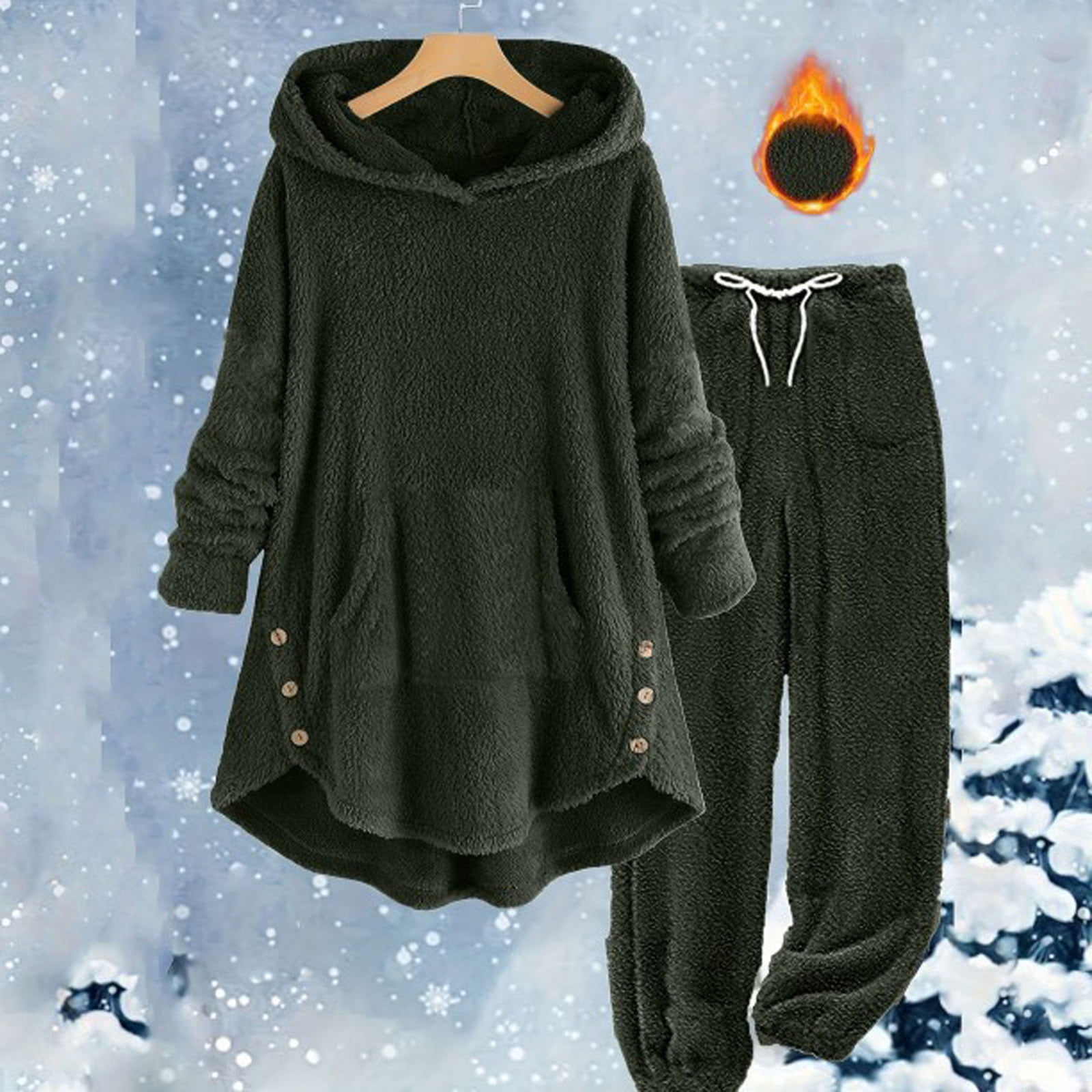 Women's Hooded Tracksuit Set Winter Warm Long Sleeve Pants Outfit