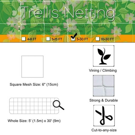 

Heavy Duty Trelli Netting Vine Climbing Gr-ow Support Net 5 X 30ft Tray Dome Tow Spreader Mat Vegetable Garden Transplant Trays Watering Tray Squirrel Food for Backyard Squirrels Starting Trays Self