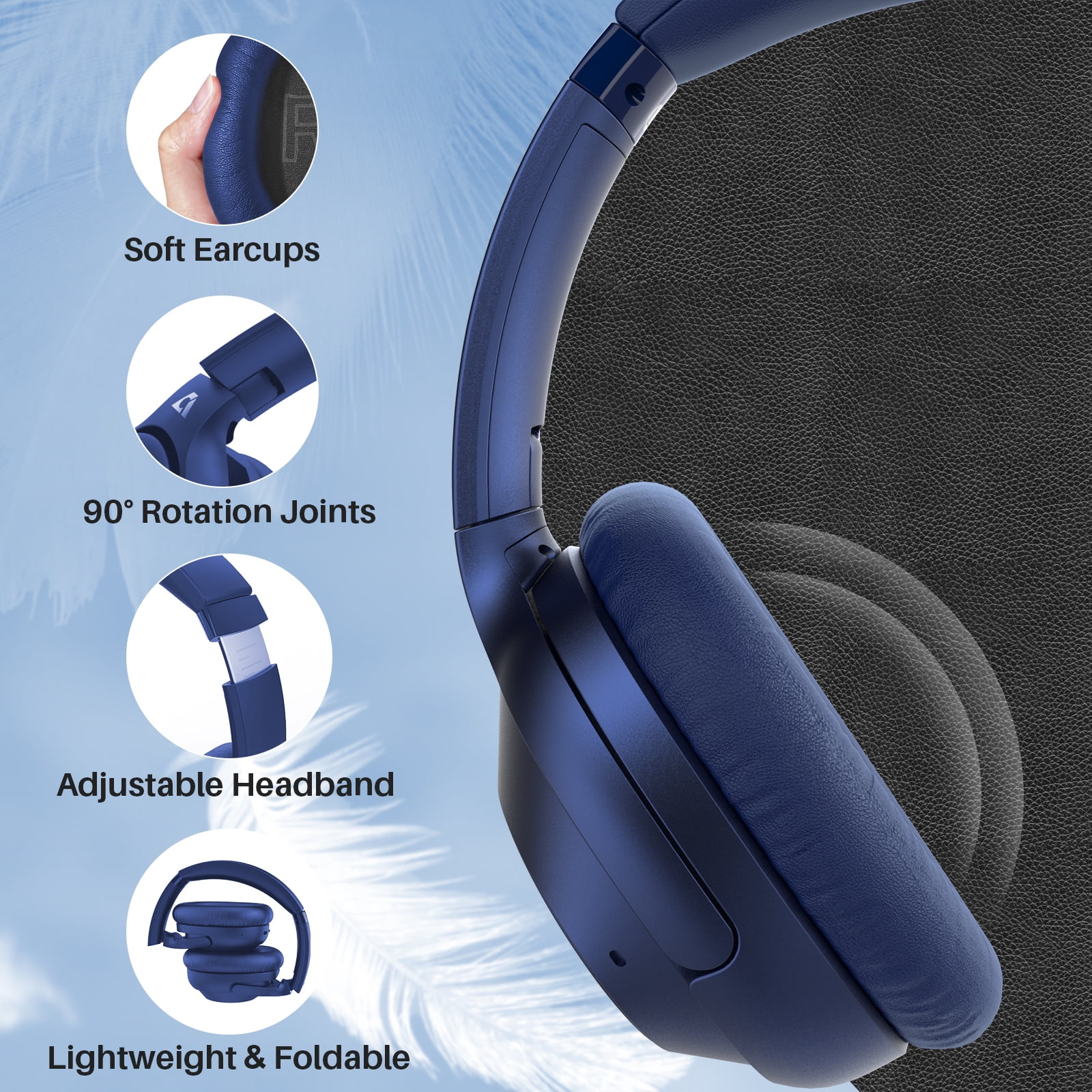 Ankbit E500 Active Noise Cancelling Wireless Headphones with Microphone, Bluetooth 5.2, Deep Bass, 80H Playtime, Voice Assistant for Travel/Home/Office - Blue