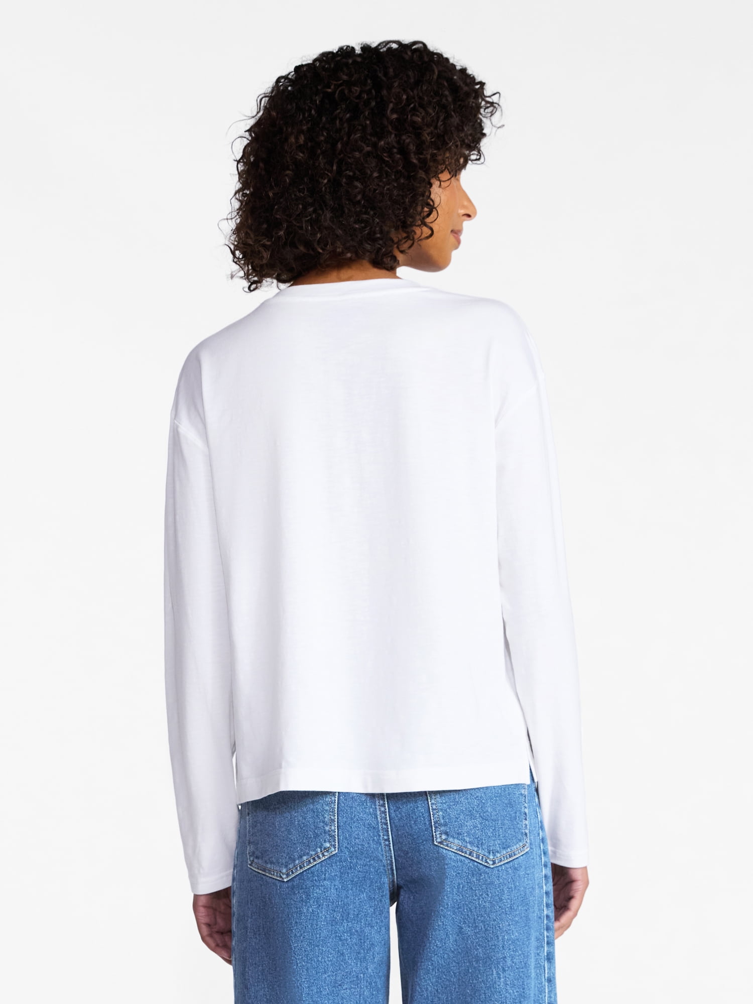 Time and Tru Women's Boxy Slub V-Neck Tee with Long Sleeves, Sizes XS-XXXL