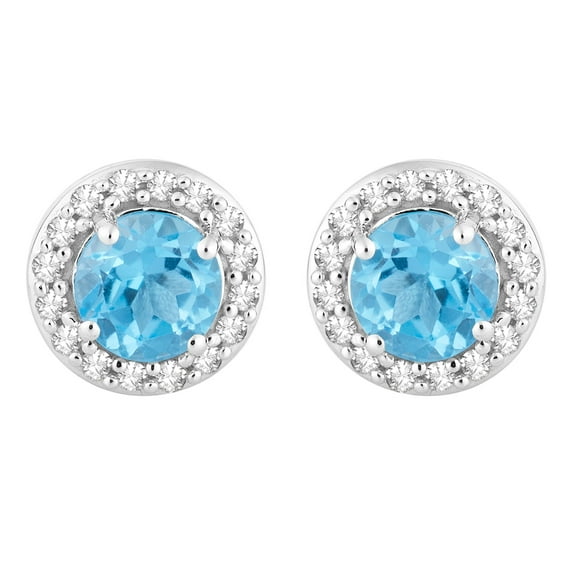 10k White Gold Swiss Blue Topaz & 1/6 Carat T.W. Diamond Halo Stud Earrings