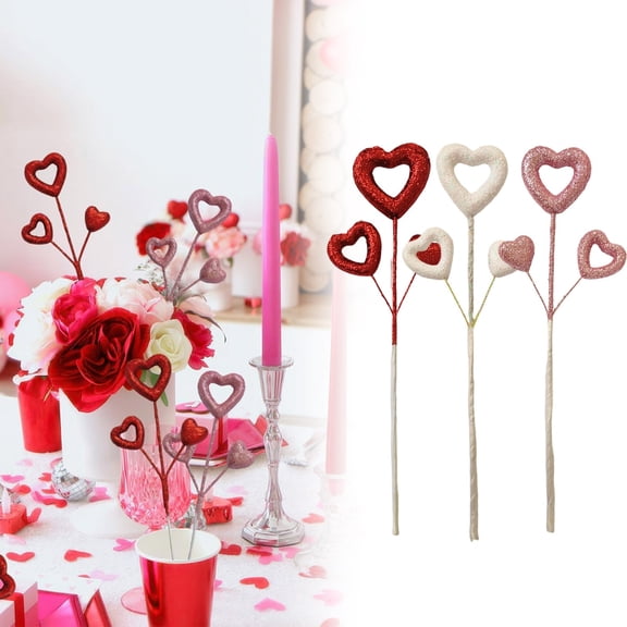 3Pcs Valentine's Day Glitter Puffy Heart Foam Picks Sparkly Heart on Sticks Valentines Floral Picks for Wedding Birthday Party Cake Decorations Vase Floral Arranging Table Centerpiece Supplies