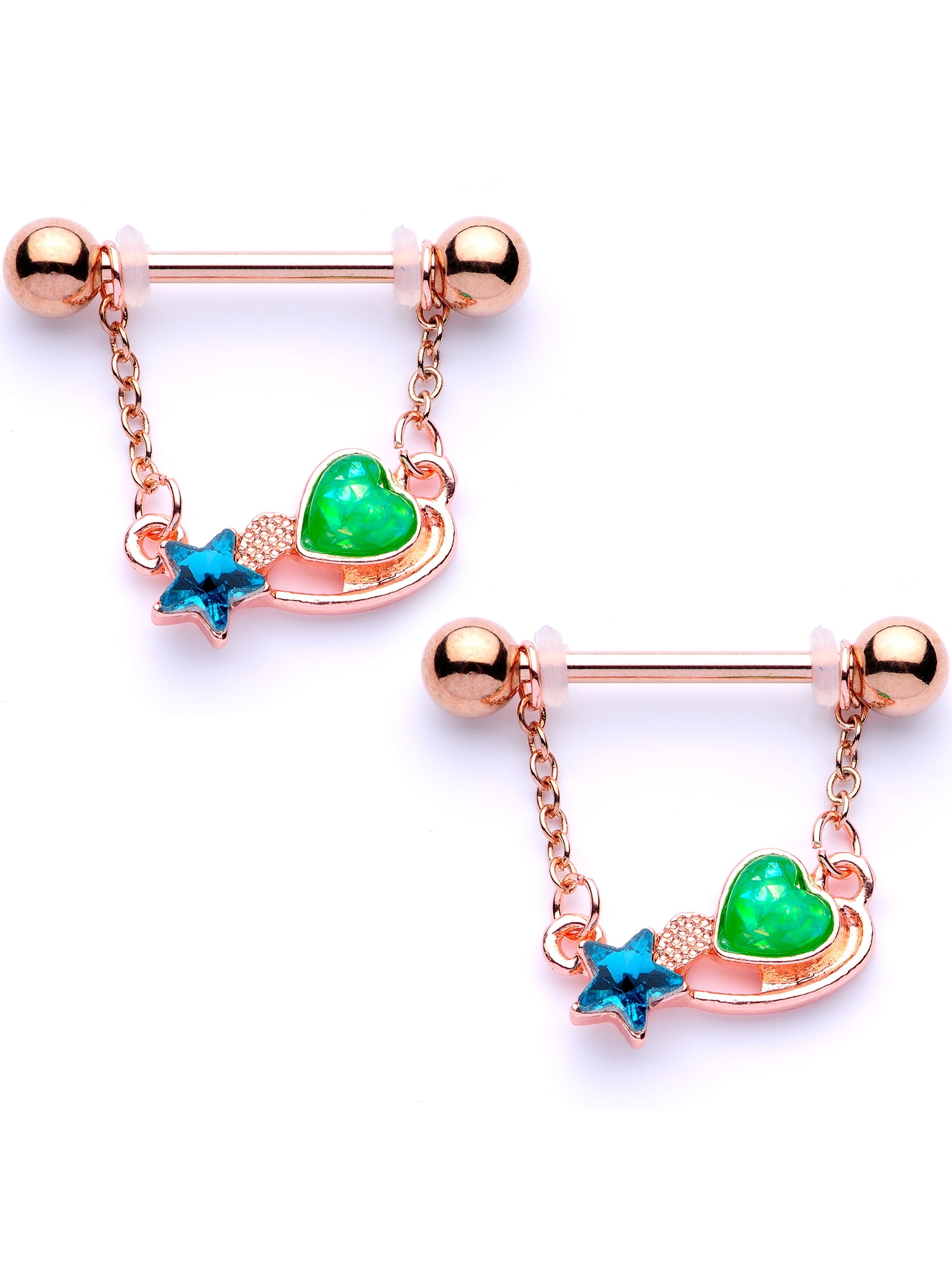 Body Candy 14G Nipplering Piercing Rosy Plated Steel 2Pc Green Heart
