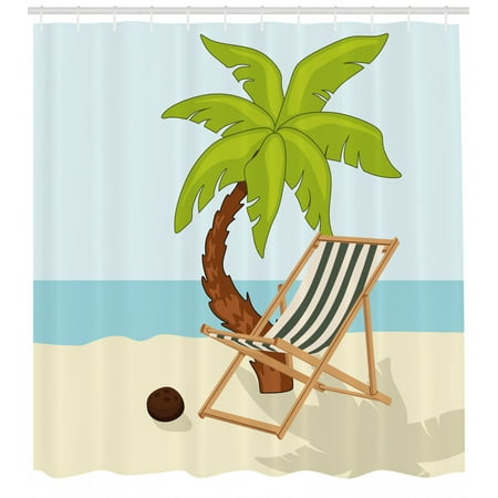 Beach Shower Curtain Cartoon Style Drawing Palm Tree Coconut And