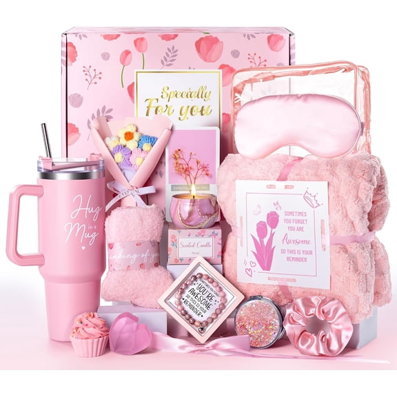 15 Pcs Get Well Soon Gift Basket, Birthday Gifts for Women, Pink | Care Package with Soft Blanket & Insulated Tumbler, For Mom, Wife, Friend