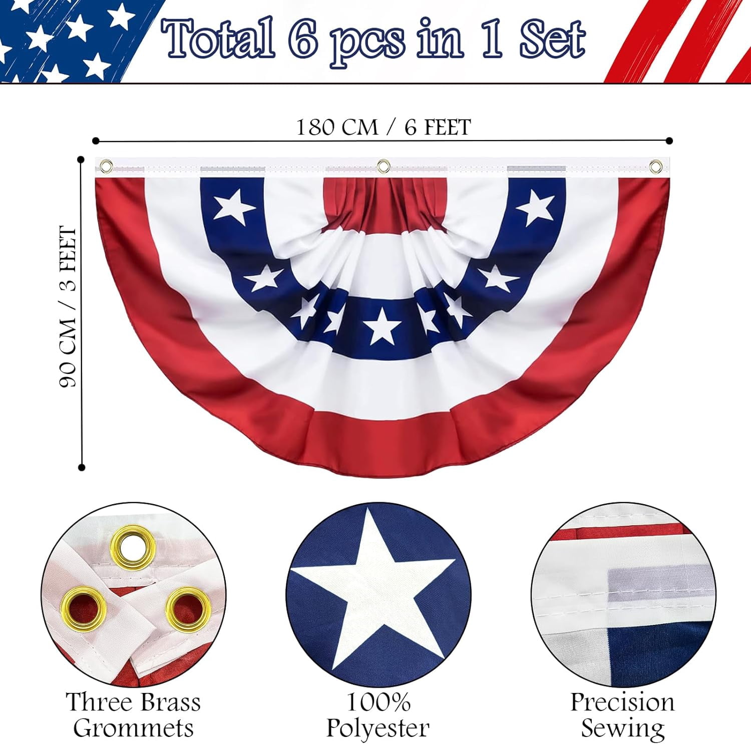 4 Pack USA Pleated Fan Flag, 3 X 6 Feet American US Bunting Flag Patriotic Half Fan Banner Flag Decoration, 4th of July Memorial Day Independence Day Fourth July Outdoor Decor