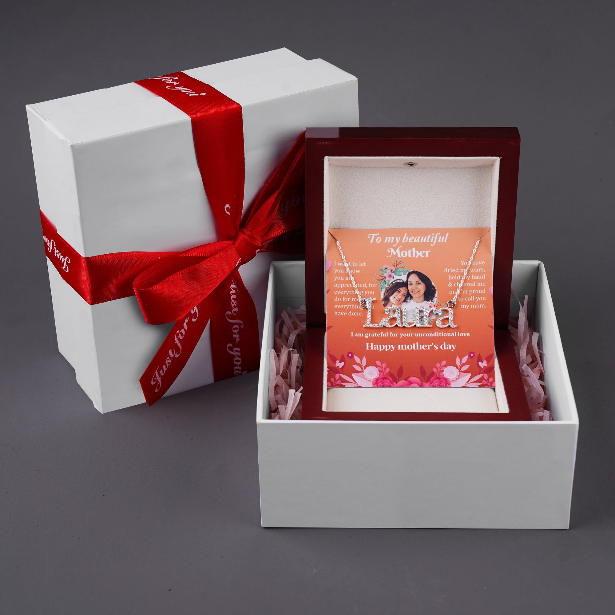 Personalized Gift For Mom - Personalized Sparkle Name Necklace - Happy Mother's Day, Name Necklace for Woman, Jewelry Gift White Cardboard Box with Ribbon Bow