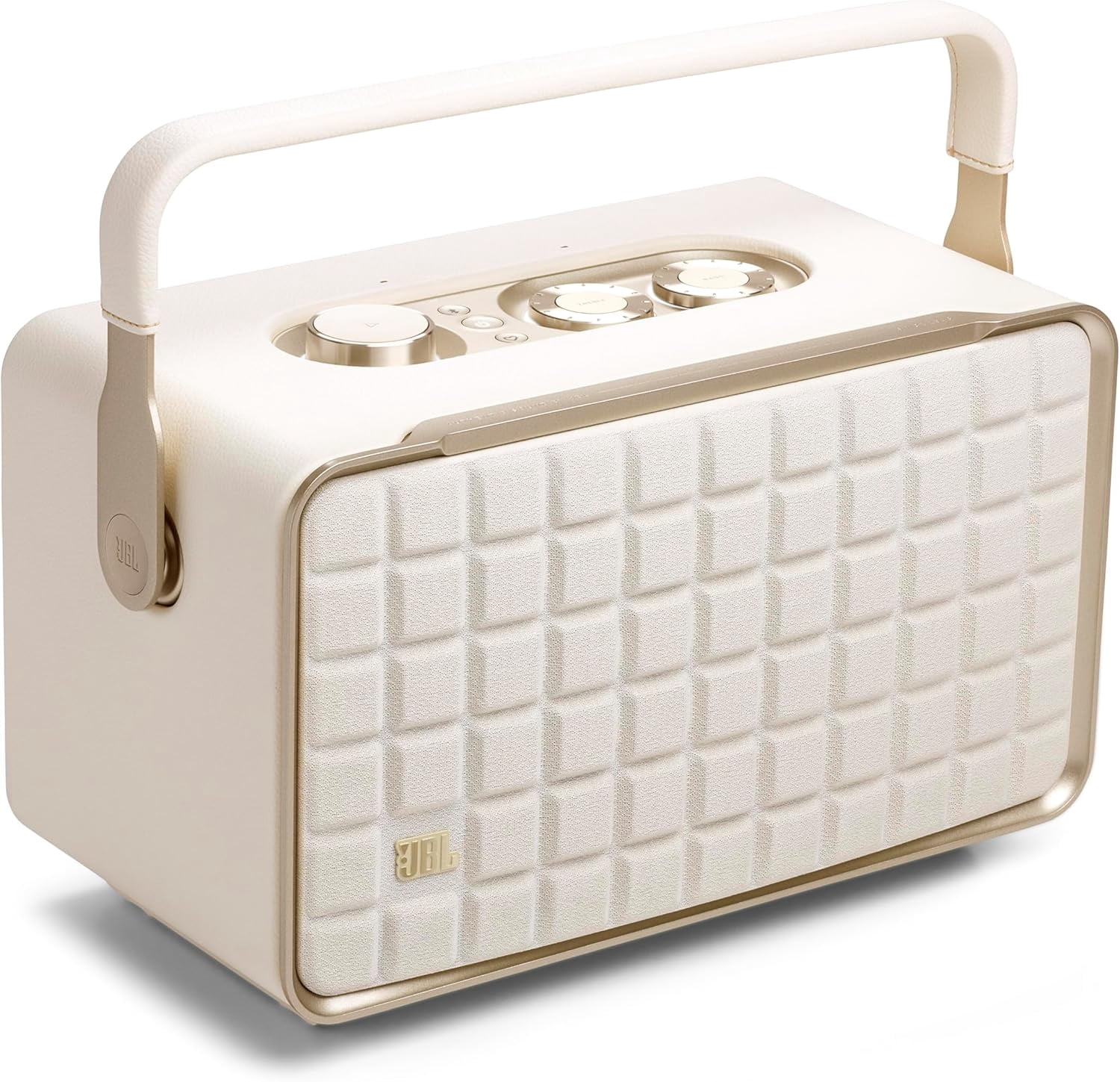 Open Box JBL Authentics 300 - Retro Style Wireless Bluetooth/WiFi Home Speaker, Built in Battery (4800mAh), Music Streaming Services via Built-in Wi-Fi, Built in Alexa and Google Assistant (White/Gold)