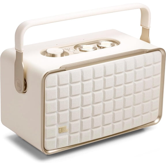 Open Box JBL Authentics 300 - Retro Style Wireless Bluetooth/WiFi Home Speaker, Built in Battery (4800mAh), Music Streaming Services via Built-in Wi-Fi, Built in Alexa and Google Assistant (White/Gold)