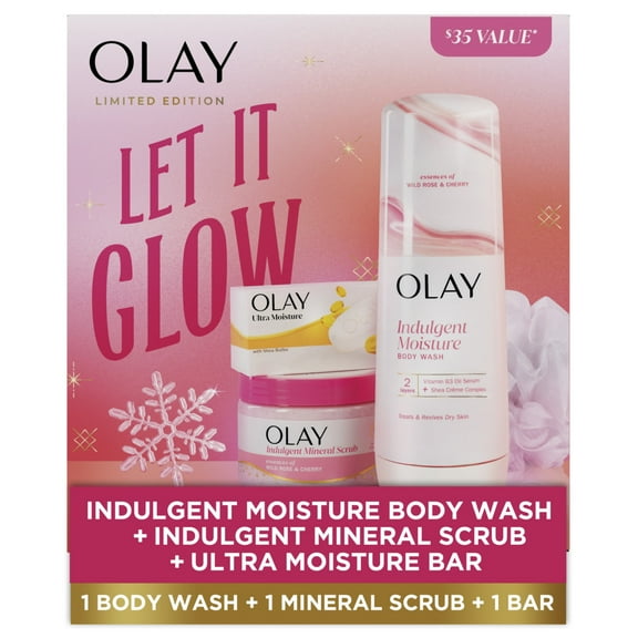 Olay Let It Glow Gift Pack with 1 Olay  Wild Rose and Cherry Moisture Body Wash, 20oz, and 1  Wild Rose and Cherry Olay Indulgent Mineral Scrub, 11oz, and 1 Olay Ultra Moisture Shea Butter Beauty Bar