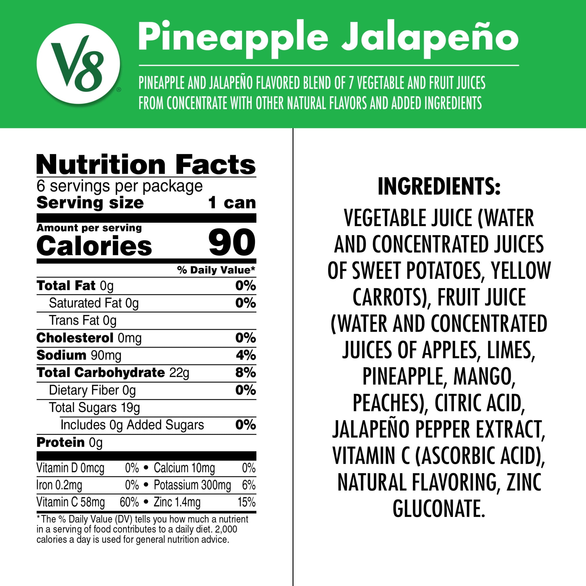V8 Pineapple Jalapeno 100% Fruit and Vegetable Juice, 8 fl oz Can, 6 Count