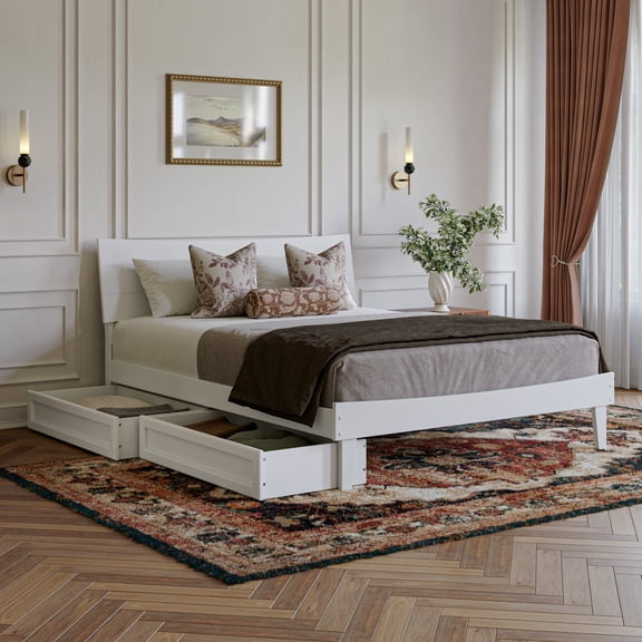 Phoenix Queen Size Solid Wood Platform Bed with Drawers in White