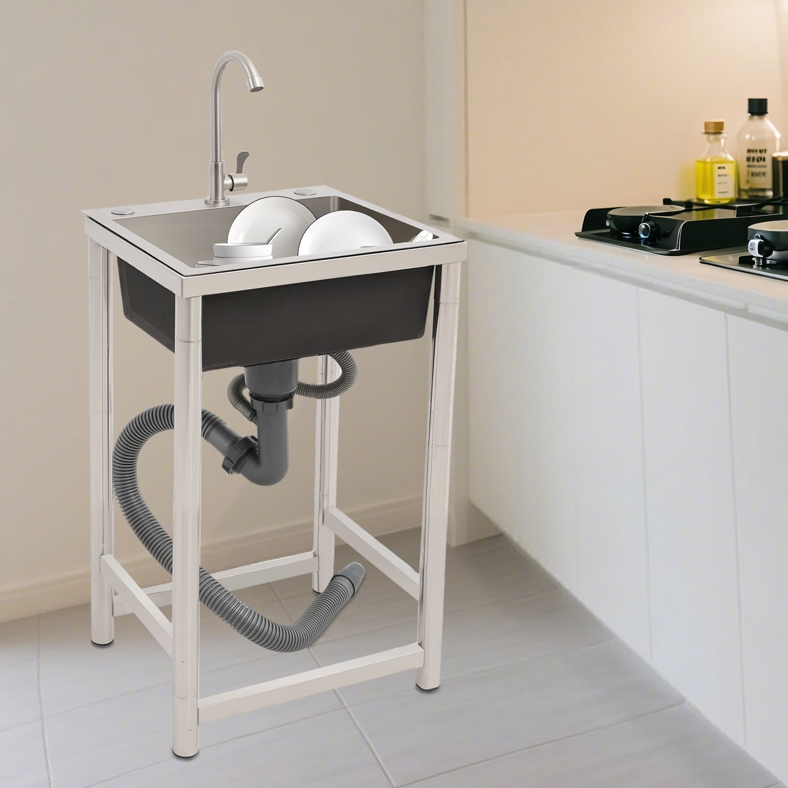 Peakora Stainless Steel Kitchen Utility Sink with Faucet Free Standing Outdoor Utility Sink Large Capacity Single Bowl Commercial Sink Easy to Clean for Multi-use