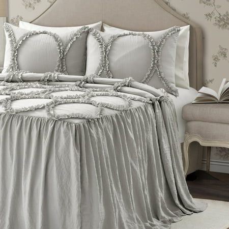 Lush Decor Riviera Ruffle Detail, Polyester Bedspread, Queen, Light Gray, 3-Pc Set