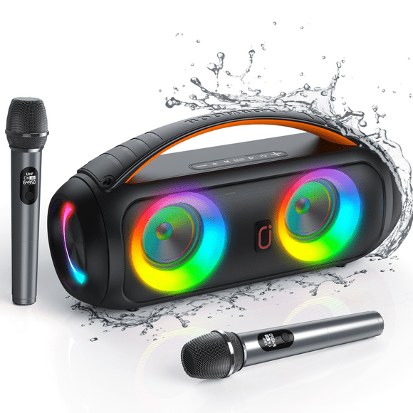 JYX Bluetooth Speaker, Portable Waterproof Speaker with 2 Wireless Microphones, Dual Speakers PA System, RGB Light, 360°Stereo Sound, Subwoofer Boombox for Outdoor Beach Pool Party