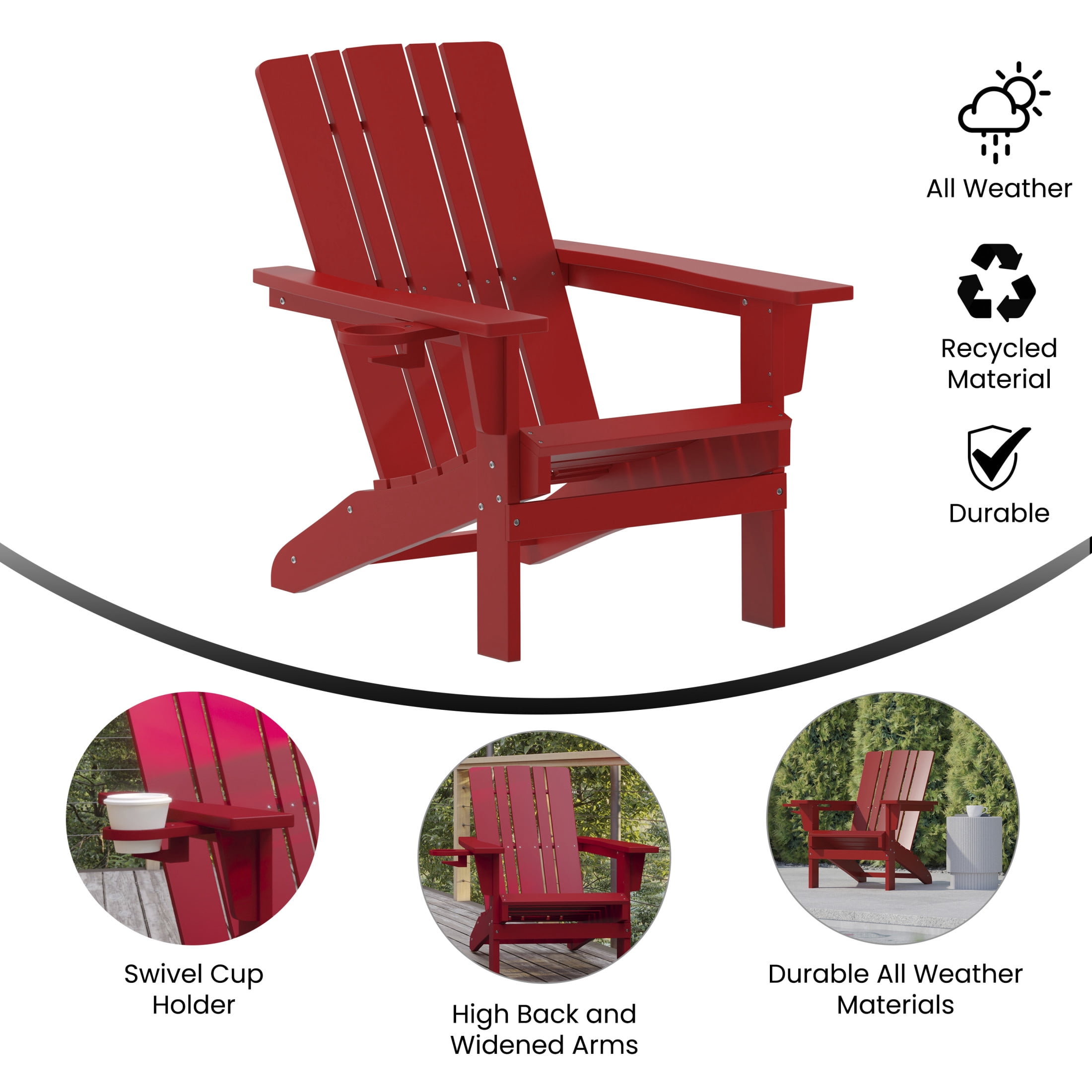 BizChair Adirondack Chair with Cup Holder, Weather Resistant HDPE Adirondack Chair in Red