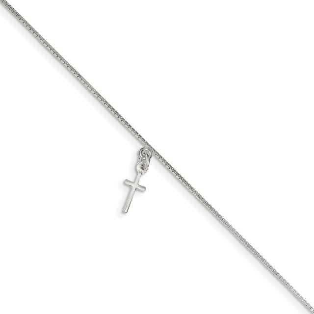 925 Sterling Silver 1mm Solid Polished Cross on Box Chain Anklet