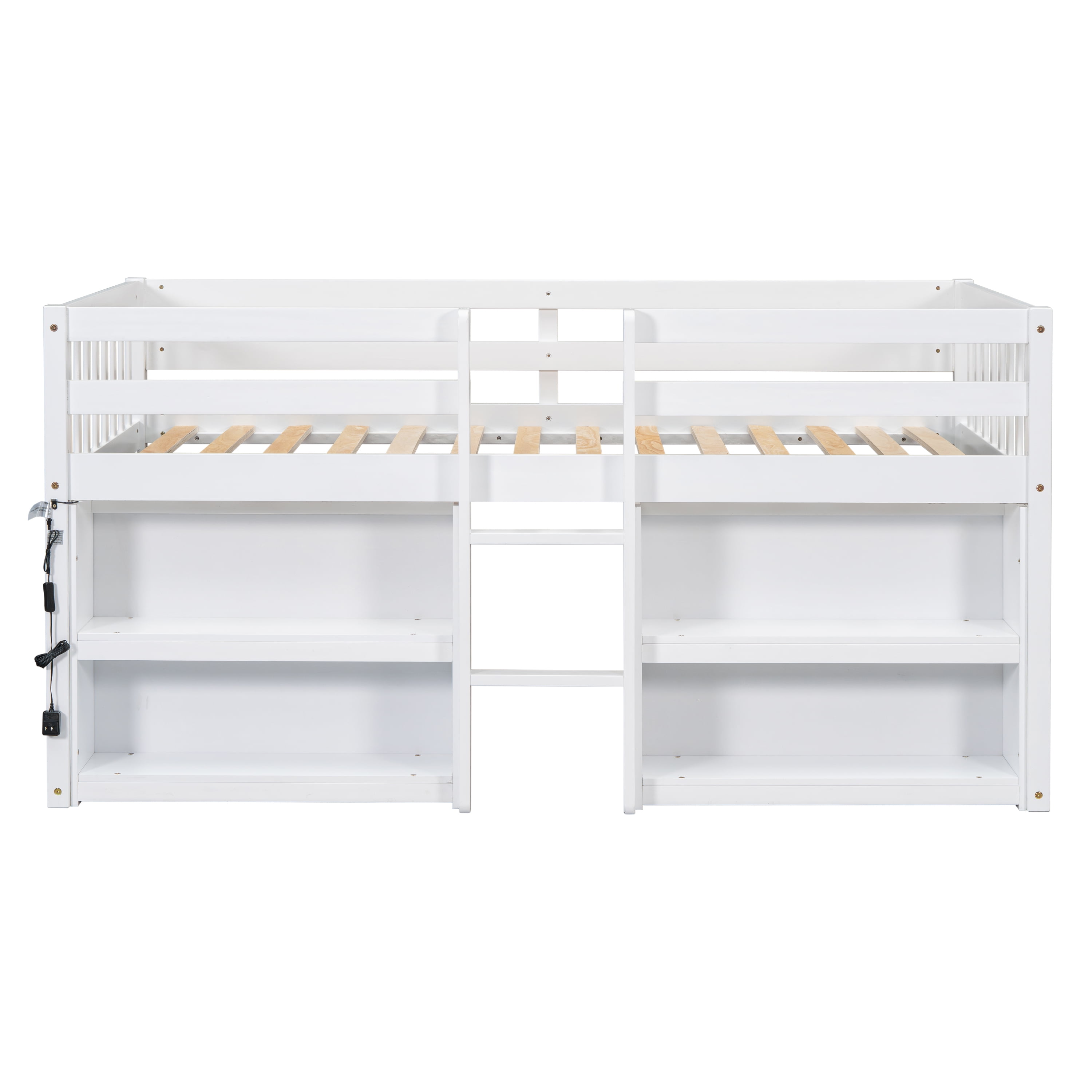 Miniyam Wood Twin Size Loft Bed with LED Light & Shelves for Kids and Teens, White