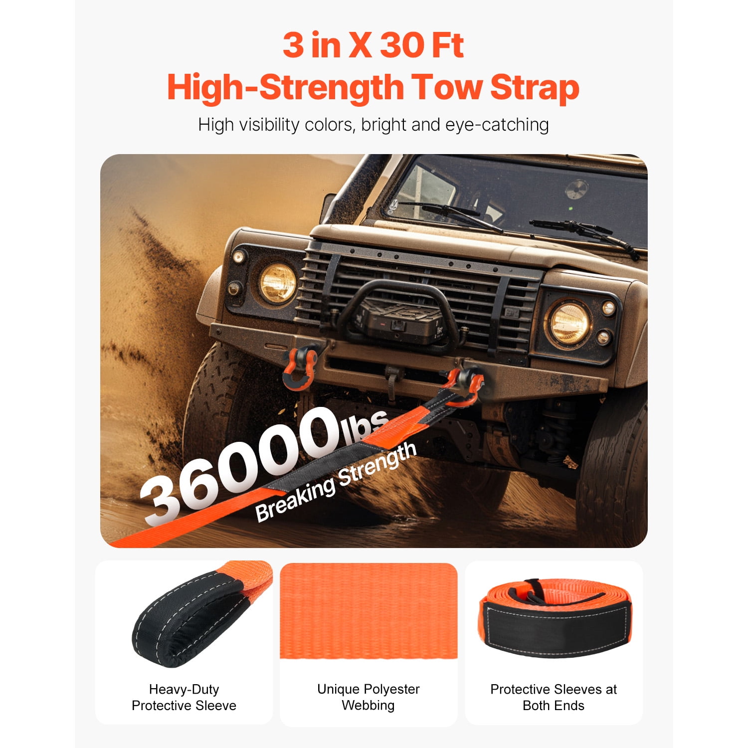 KFFKFF Heavy Duty Tow Strap Recovery Kit 3 in x 30 ft (MBS-36,000 lbs) with Reinforced Loops, Protective Sleeves, Storage Bag, and 3/4" D-Ring Shackles for Trucks, Jeeps, SUVs, and ATVs