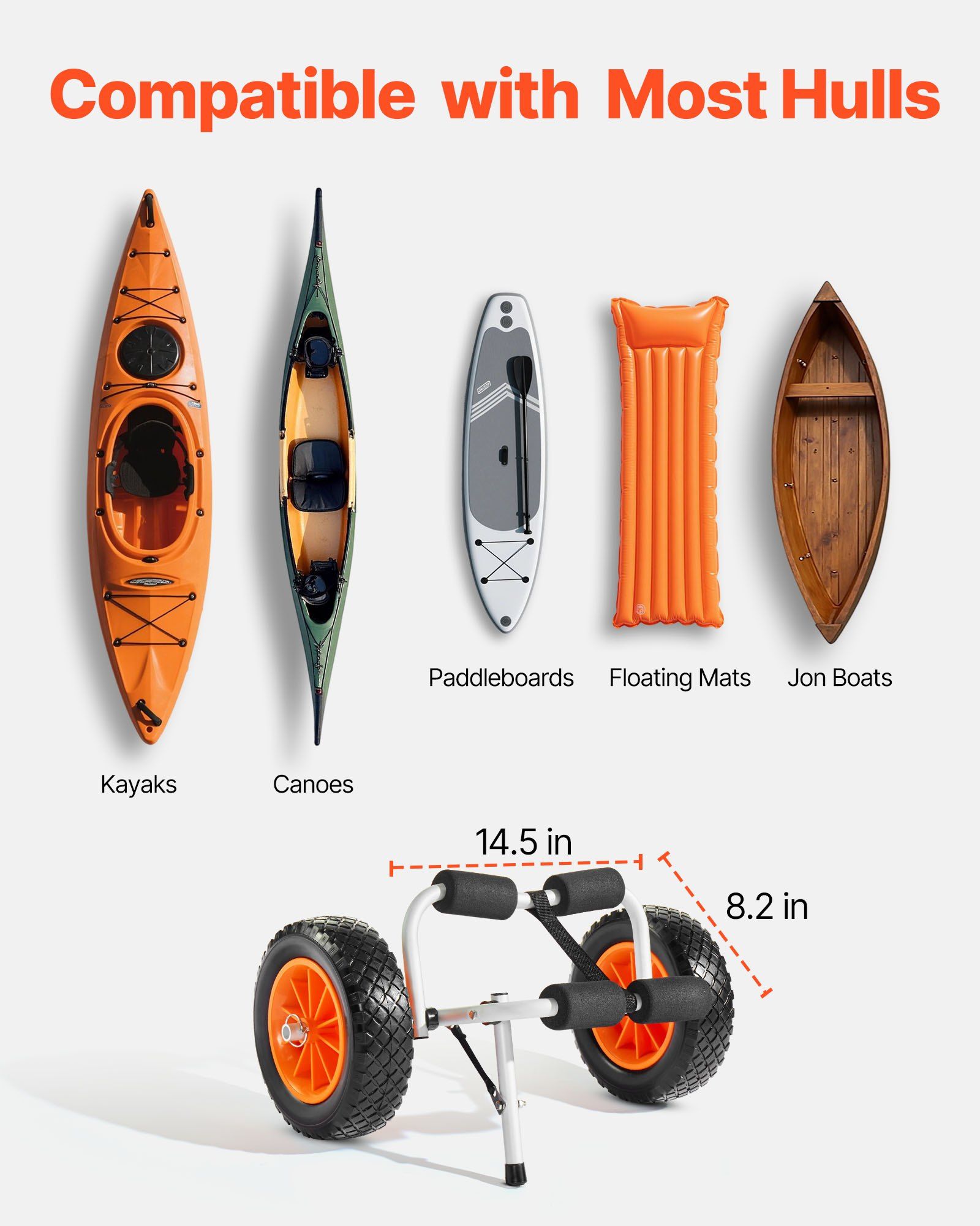 Foldable Kayak Cart Trolley with 10" Solid Rubber Tires & Ratchet Strap, 200 lbs Capacity, for Transporting Kayaks, Canoes, Paddle Boards, Jon Boats, Float Mats, Carrier Caddy