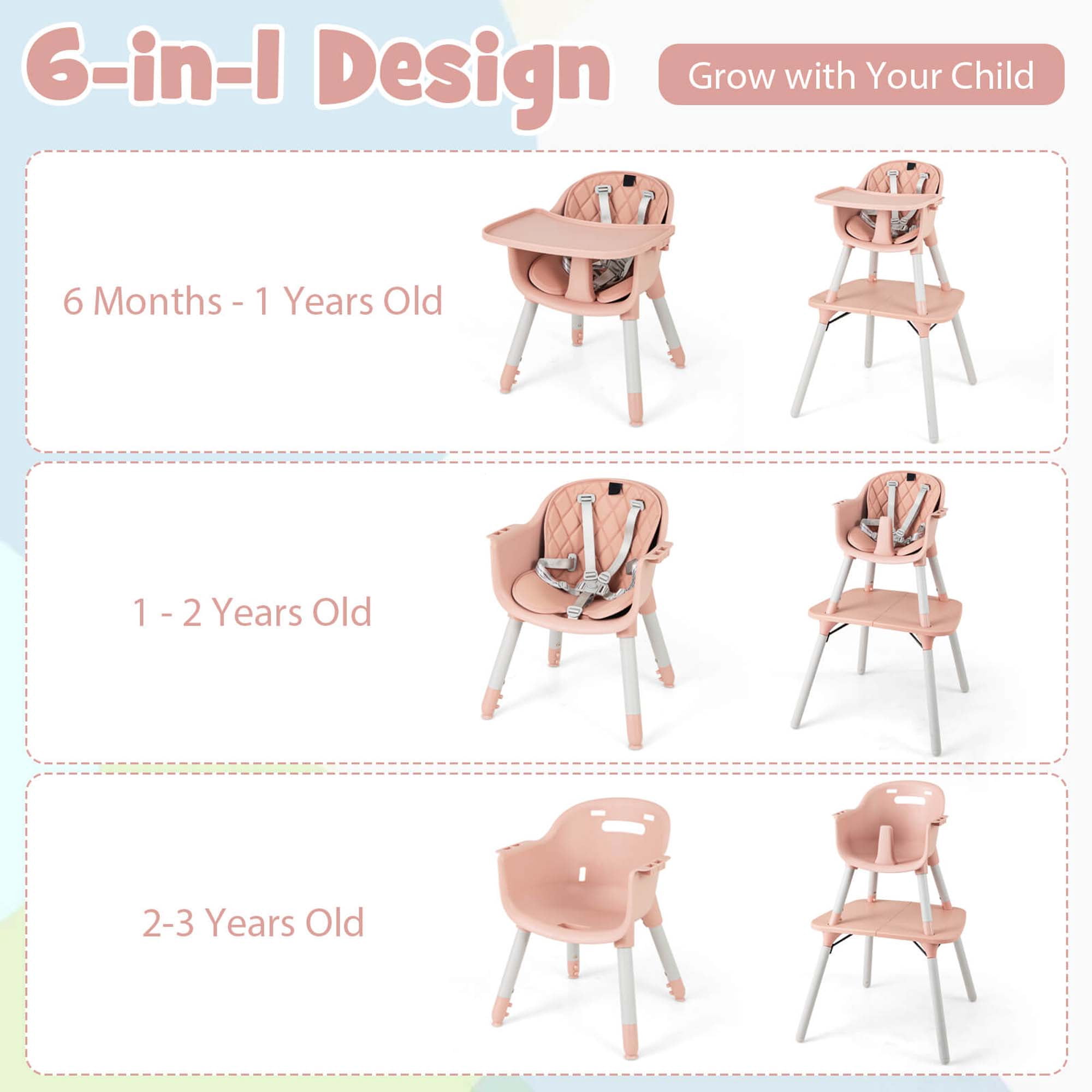 Babyjoy 4 in 1 Baby High Chair Convertible Toddler Table Chair Set with PU Cushion Pink