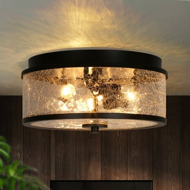 3-Light Modern Farmhouse Black Drum Flush Mount Ceiling Light with Glass Shade - D 12" x H 6"