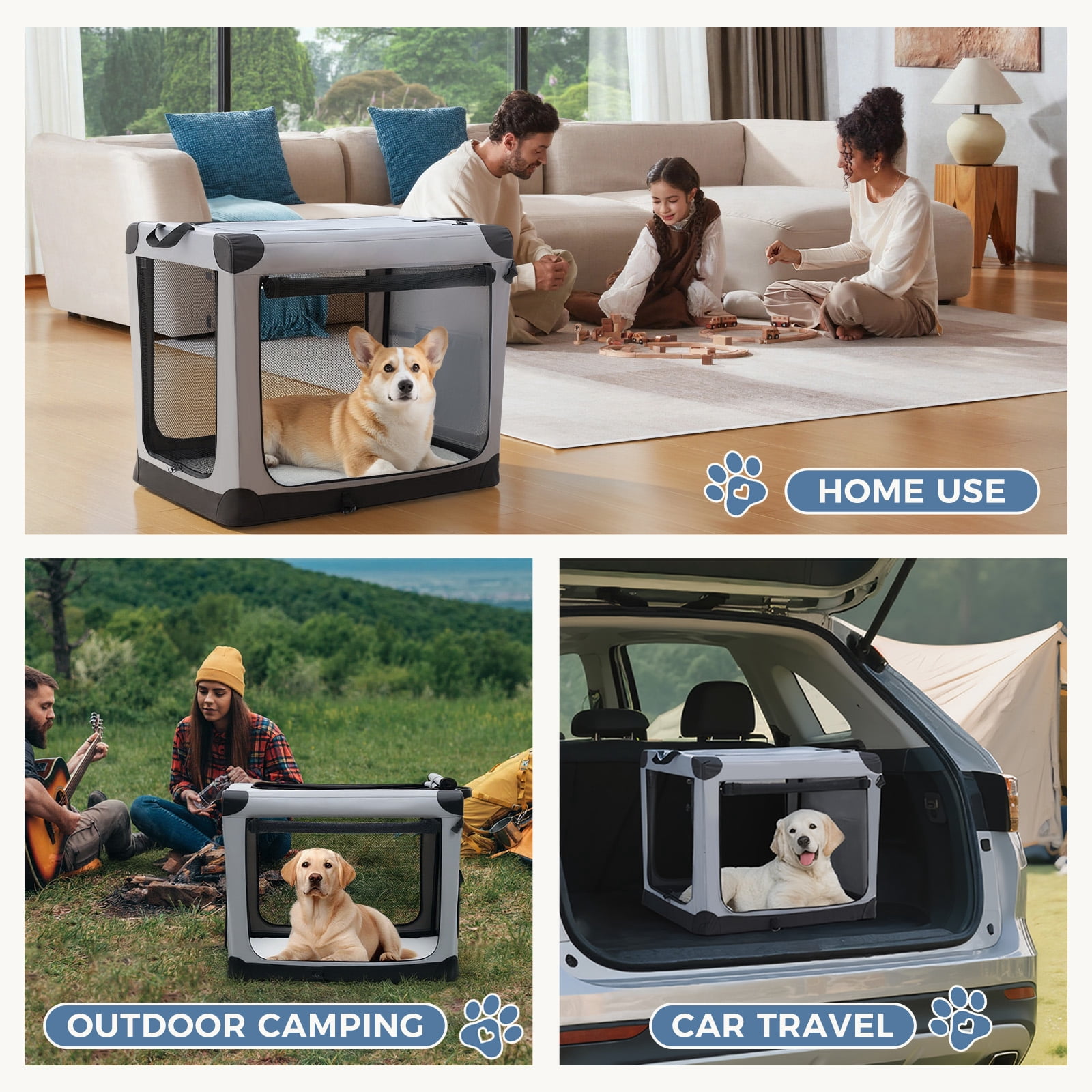 Foldable Soft Dog Crate, 600D Oxford Fabric, Portable Pet Kennel with 3 Doors, Indoor & Outdoor Use for Small to Extra Large Dogs