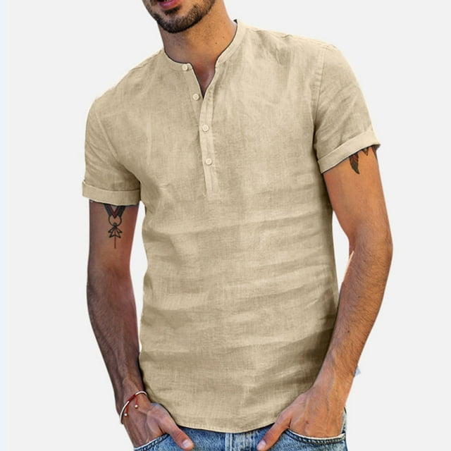 EGNMCR Blouse Ample en Coton et Lin à Manches Courtes Col en V pour Hommes